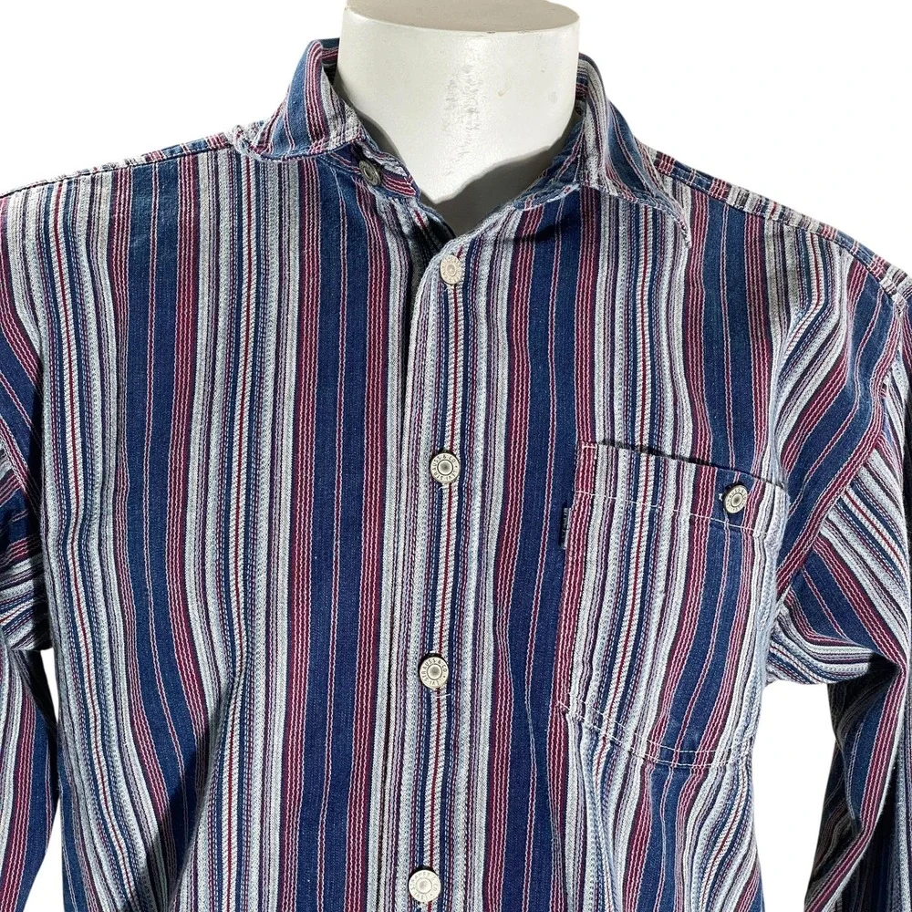 Levi's Western  Shirt Large LS Striped Blue Gray Red White